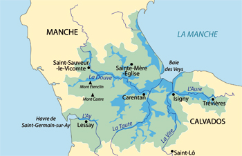 Carte du parc naturel régional des Marais du Cotentin et du Bessin et de son réseau hydrographique. (© DAO Damien Bouet)