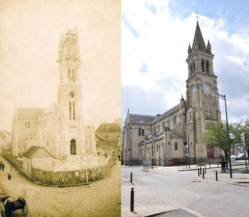 À gauche : L'église Saint-Pierre d'Alençon en cours de construction. (Coll. Patrimoine Normand) ; À droite : L'église Saint-Pierre d'Alençon aujourd'hui. (© Rodolphe Corbin)
