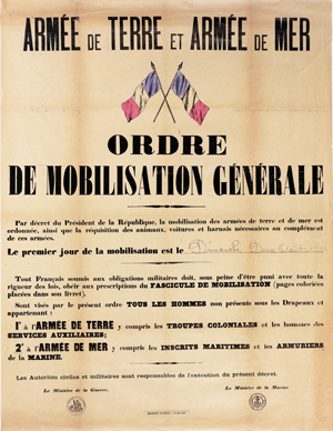 Placard annonçant la mobilisation générale pour le 2 août 1914. (© Archives nationales, AE/II/3598)