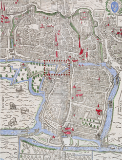 Le vray pourtraict de la ville de Caen, estampe de 1575 par François de Belleforest. Les Petits Prés correspondent à l’encadré rouge. (© Caen, musée des Beaux-Arts, fonds Mancel, M. 398. 4)